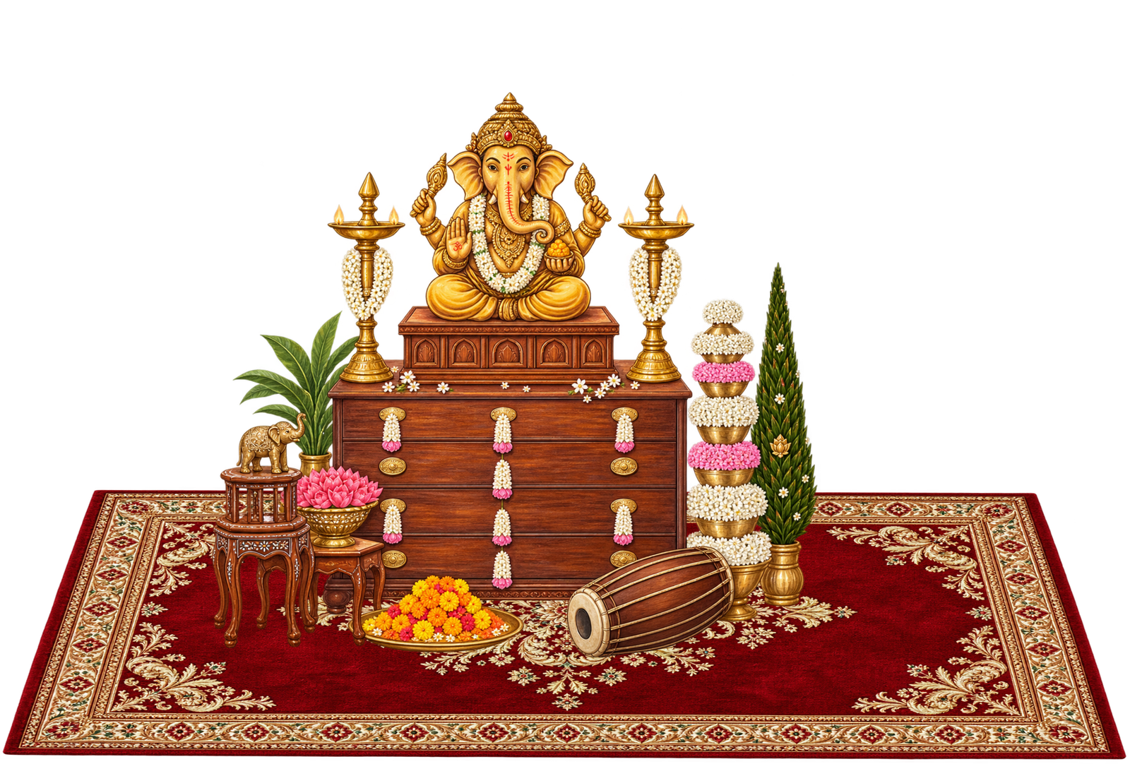 Lord Ganesha altar setup with diyas, wooden chest, and flowers